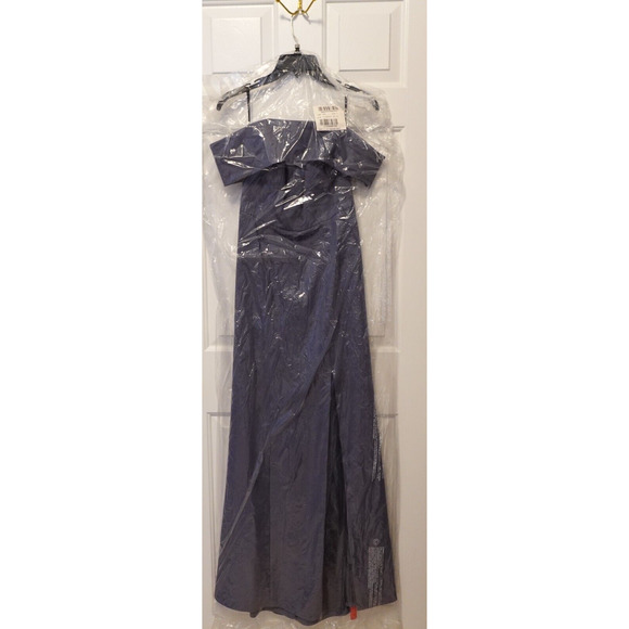 DESSY 3030 CUFFED OFF-THE-SHOULDER TRUMPET GOWN Silverstone Blue Gray Sz 18 New - Picture 5 of 7
